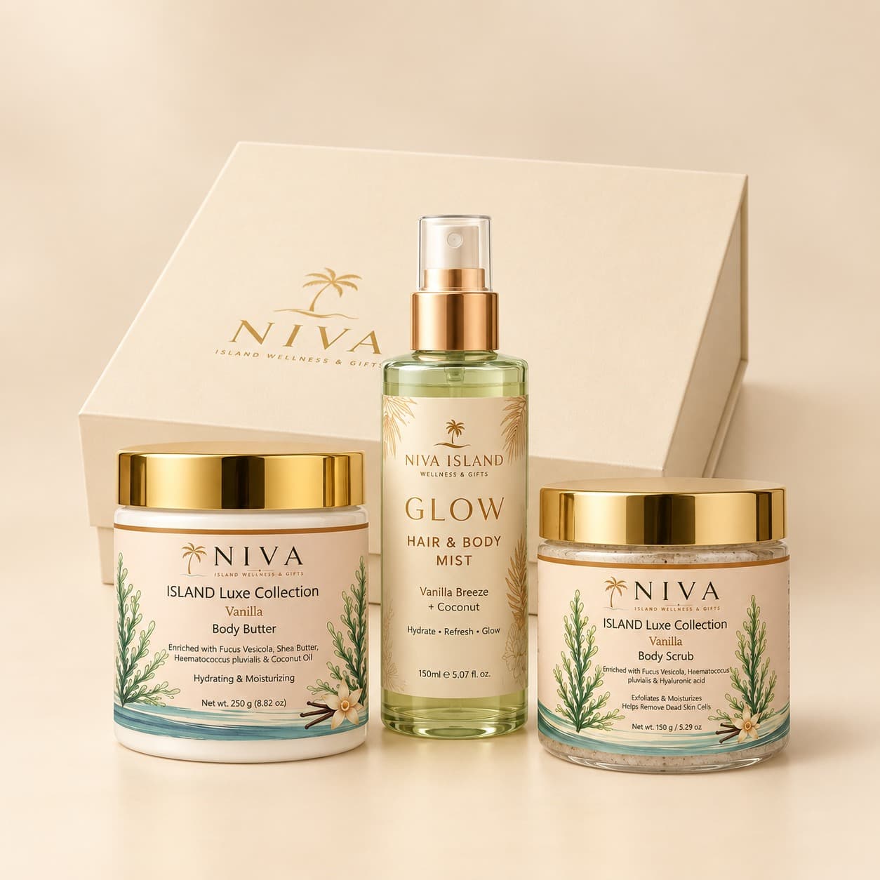 Niva Island Luxe Collection — body butter, hair & body mist, and body scrub